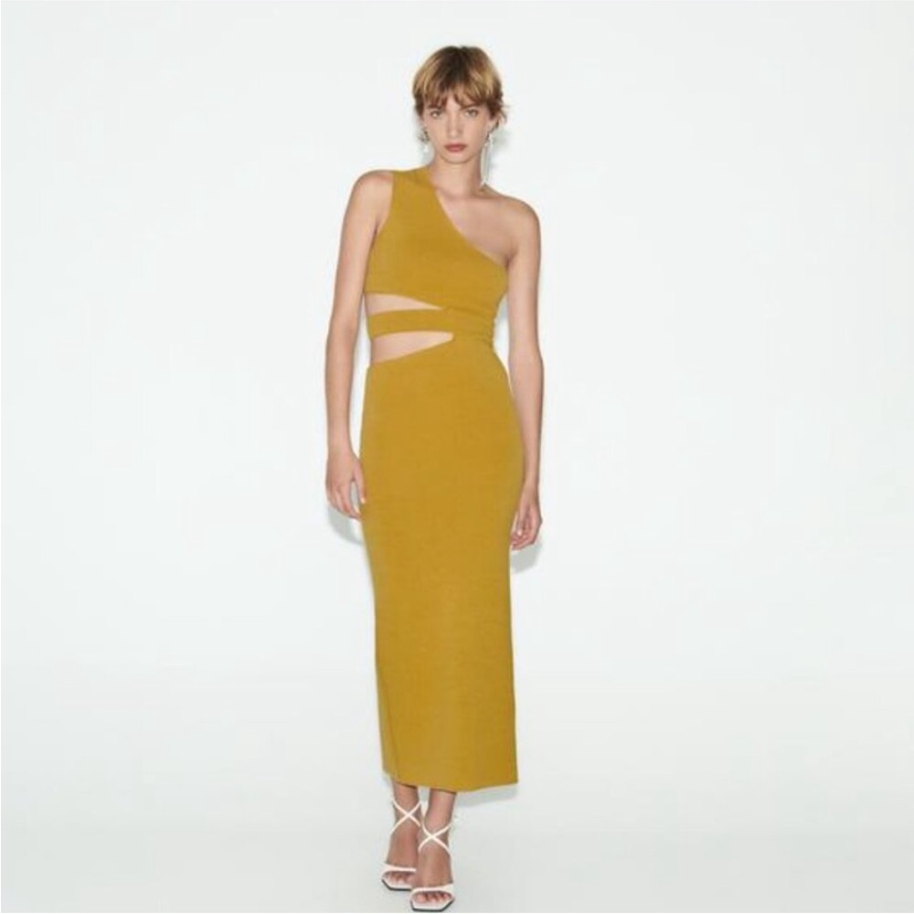 Zara one shoulder cut out knit dress in mustard yellow NWT size S